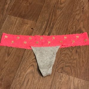 PINK - Coral pink Lace thong with Golden Palm trees